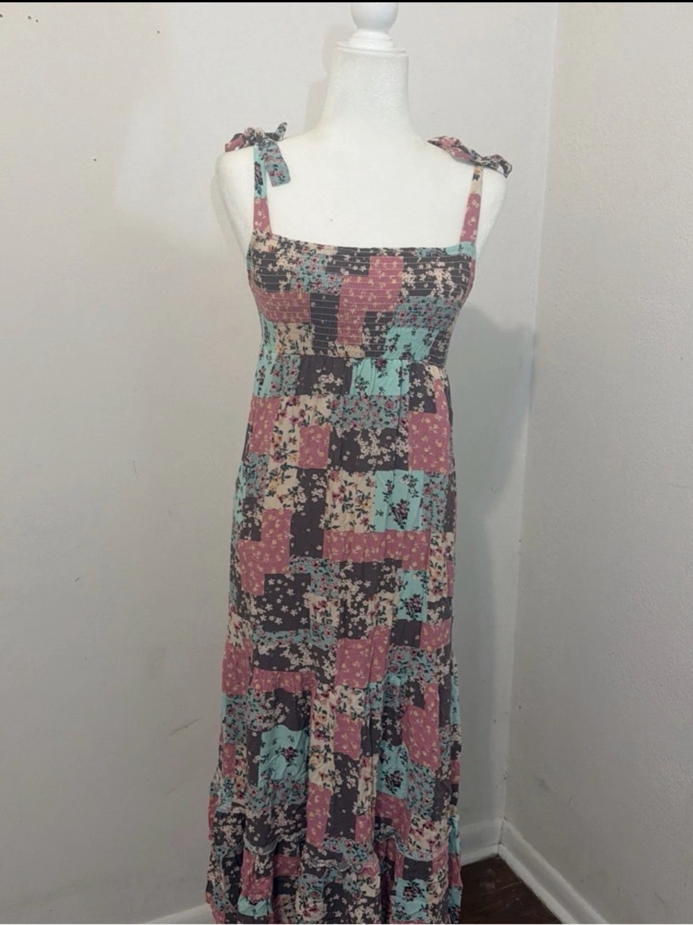 Liberty love Floral Patchwork Tie-Shoulder Maxi dress in Mauve & Mint multi Y2K
